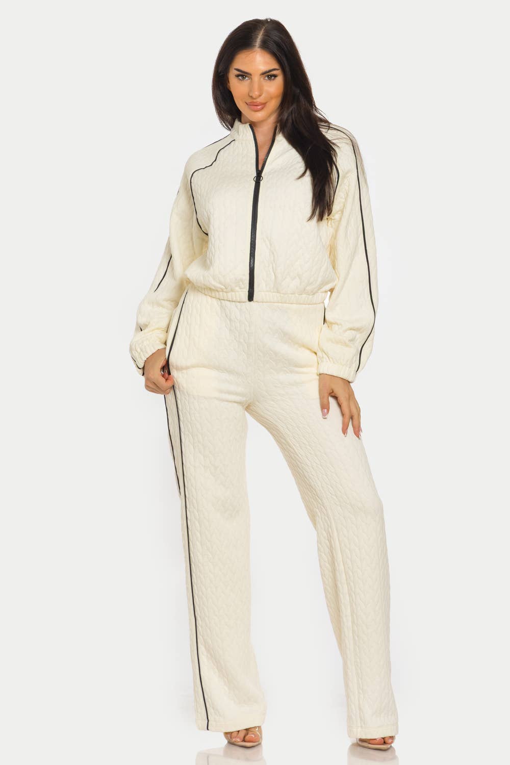 Julia by LoveJ - Wholesale Top & Pant Set (NOT Loungewear) - Women's - Pipping Stripes Front Zip Up Jacket And Pants Set 1