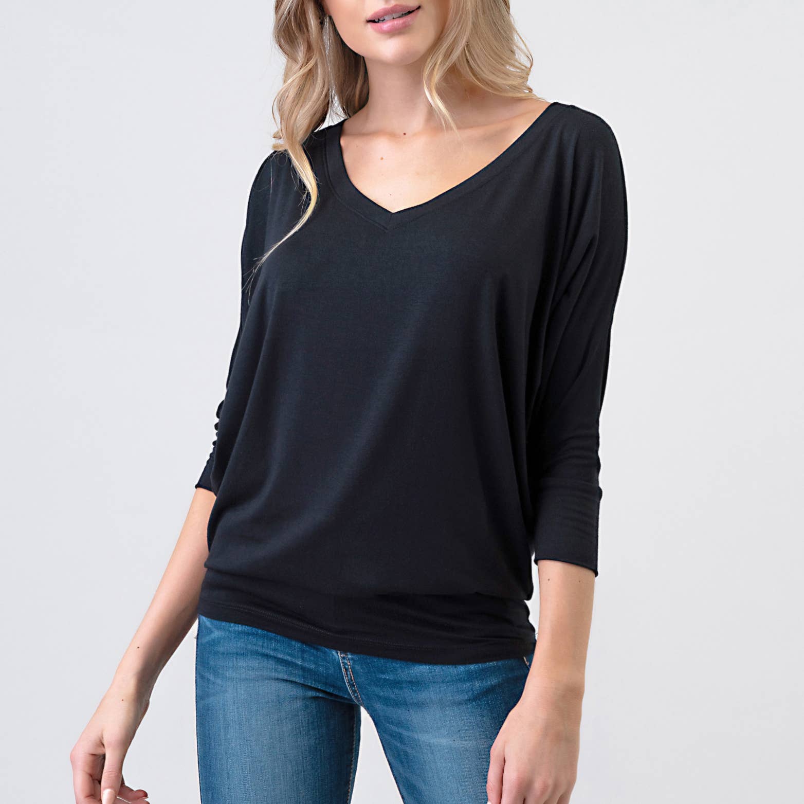Heimious - Wholesale Knit Top - Women's - 3/4 Dolman Sleeve V-neck Modal Jersey Top, 25736