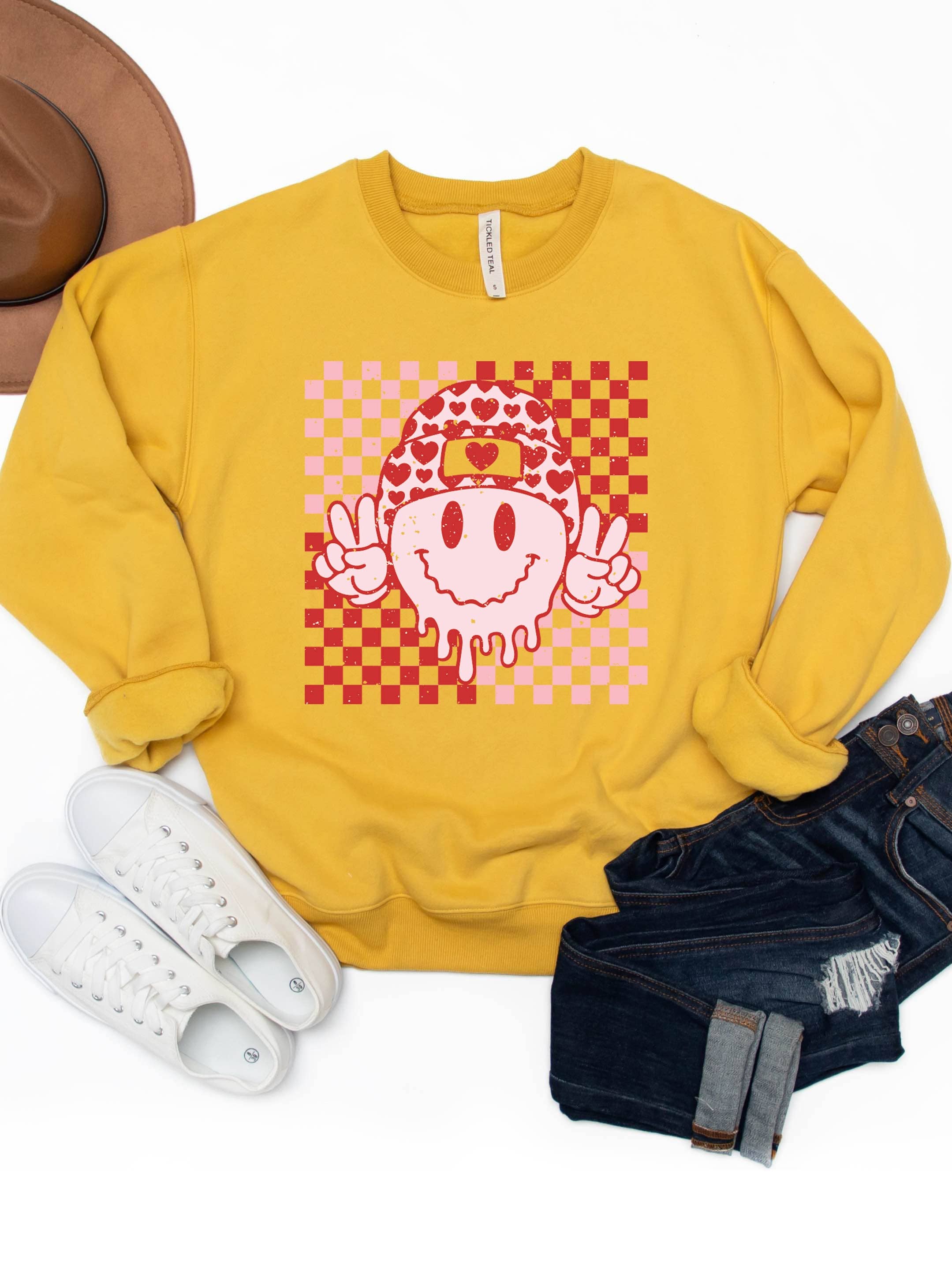 Tickled Teal – wholesale Graphic sweatshirt – Women’s – Checker Valentine Smiley Face Graphic Sweatshirt1