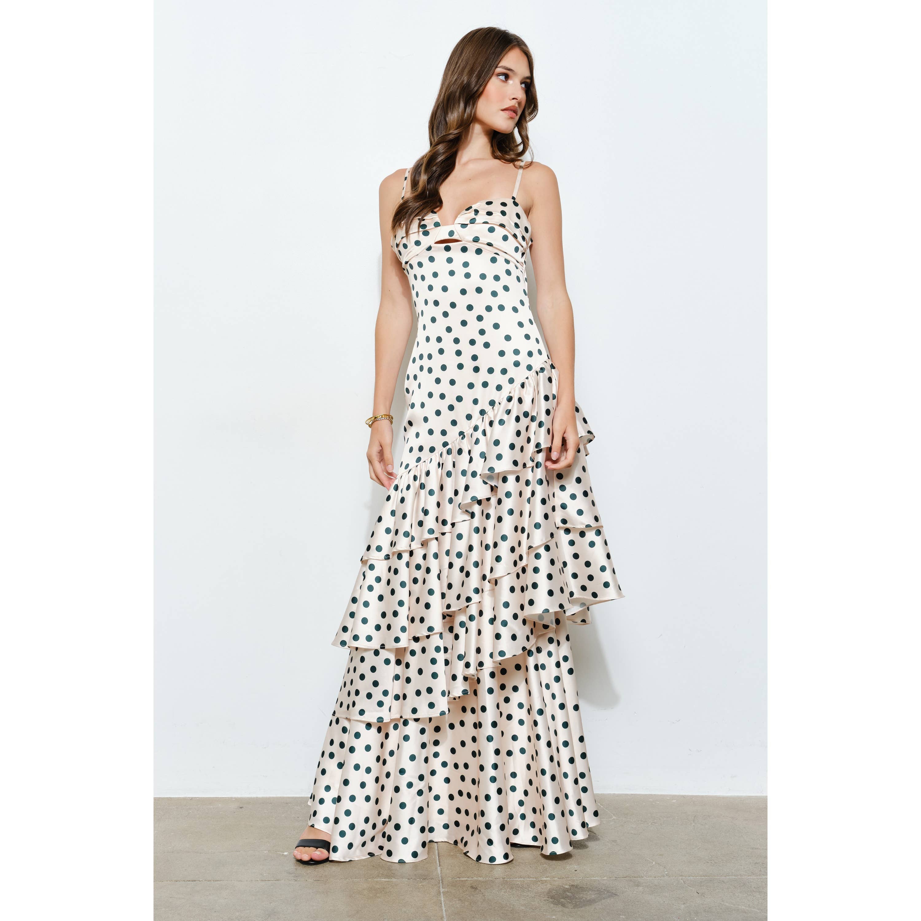 INA – wholesale Dress – Women's – Satin Polka Dot Tiered Ruffle Maxi Dress5