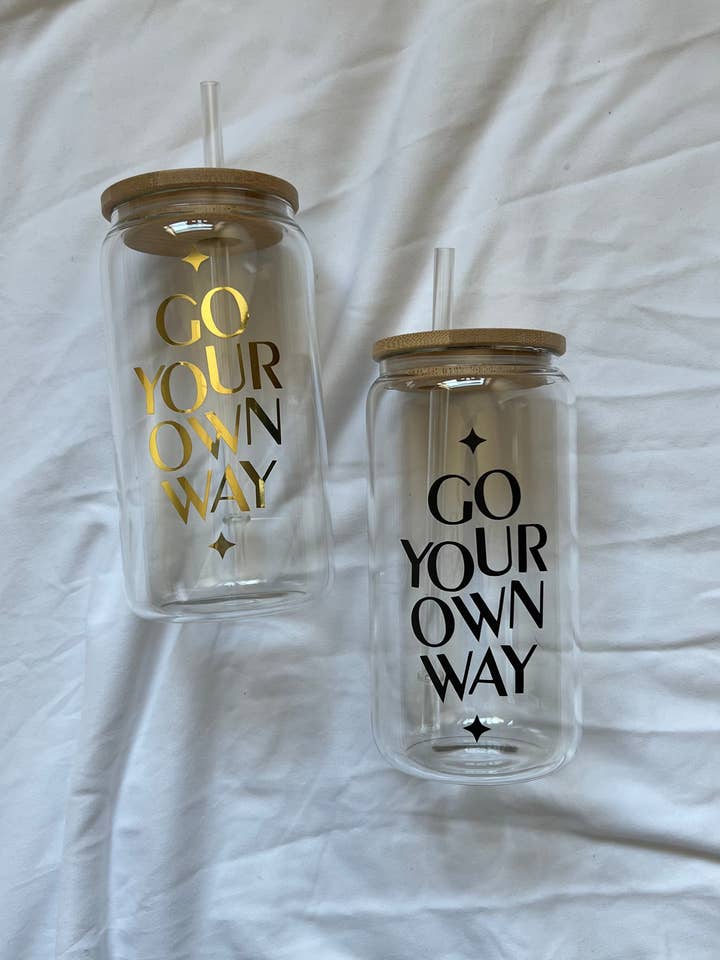 12oz Go Your Own Way glass cup w/ lid for wholesale by Honey Rose Collective
