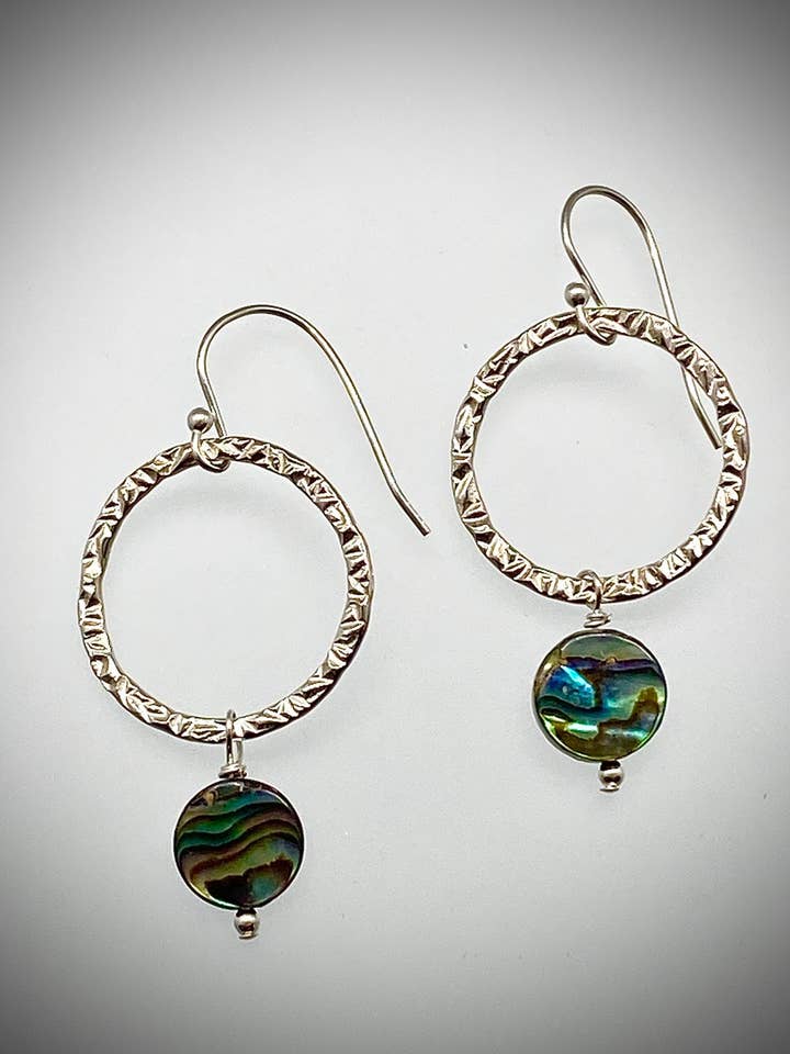 Large Sterling Circle Earrings with Abalone Drops for wholesale by Morgan McGeehan Designs