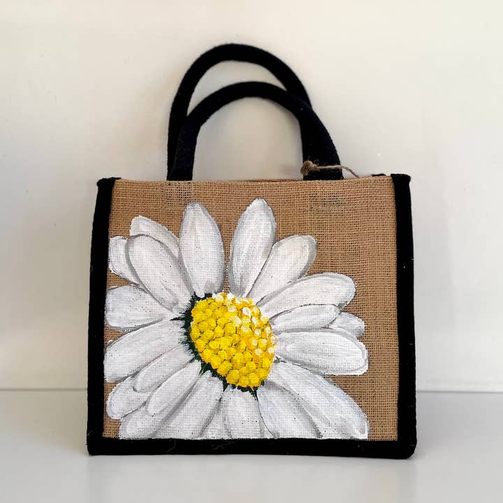 Pequeno saco em juta crua, grande margarida pintada à mão por atacado de Elles et No.