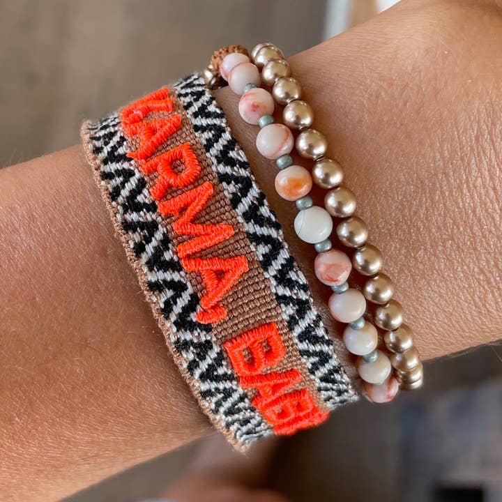 KARMA, BABY! Statement bracelet woven, embroidered for wholesale by Parsley & Pepper