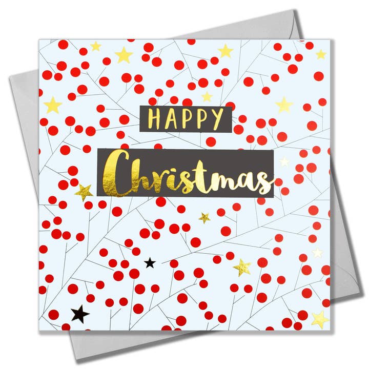 Cartão de Natal, Berries & Twigs, texto frustrado em ouro brilhante por atacado de Claire Giles Ltd