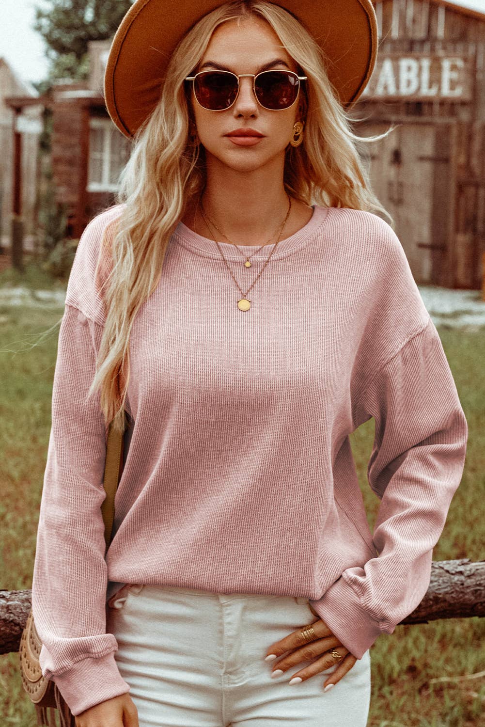 fashionworks - Wholesale Sweatshirt - Women's - Fashion-W Ribbed Knit Round Neck Pullover Sweatshirt*S-2XL4