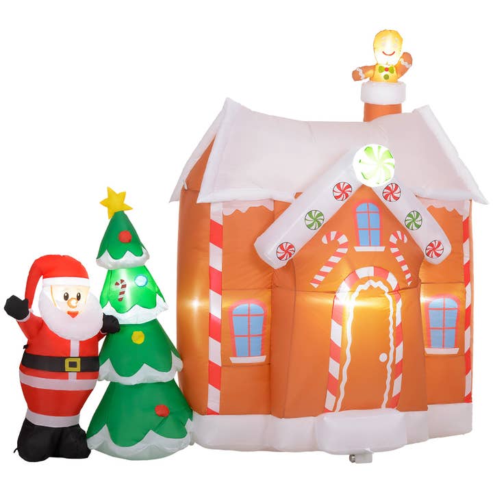 39F Inc. - Wholesale Inflatables - 7FT Inflatable Gingerbread House with Santa and Tree Lights2