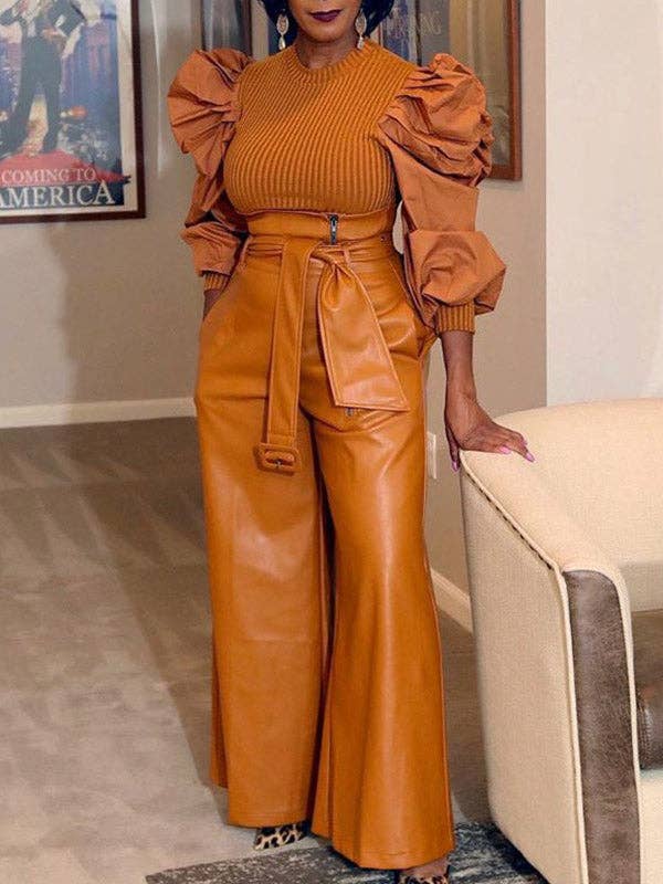 VividLux - Wholesale Pants - Women's - High Waisted Wide Leg Belted Solid Color Zipper Pants Trousers