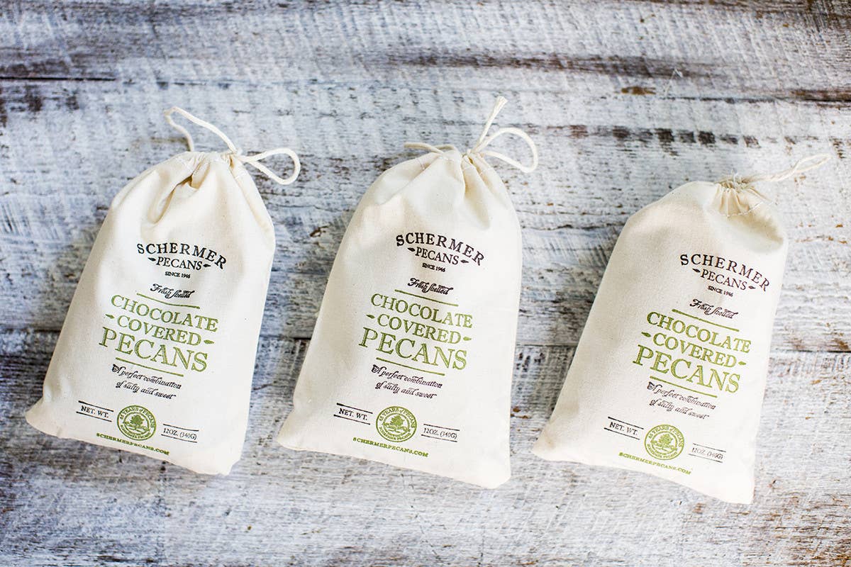 Schermer Pecans - Wholesale Nuts - MILK CHOCOLATE PECANS - GA Grown - 12 Cloth Bags/Case