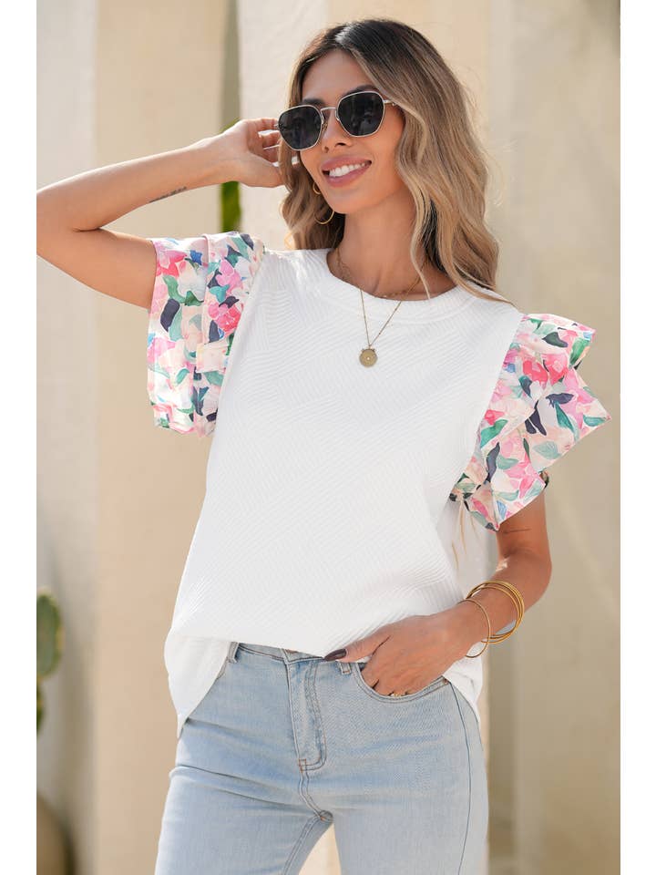 White LDC Abstract Print Tiered Ruffled Sleeve Textured Knit Top for wholesale on Faire