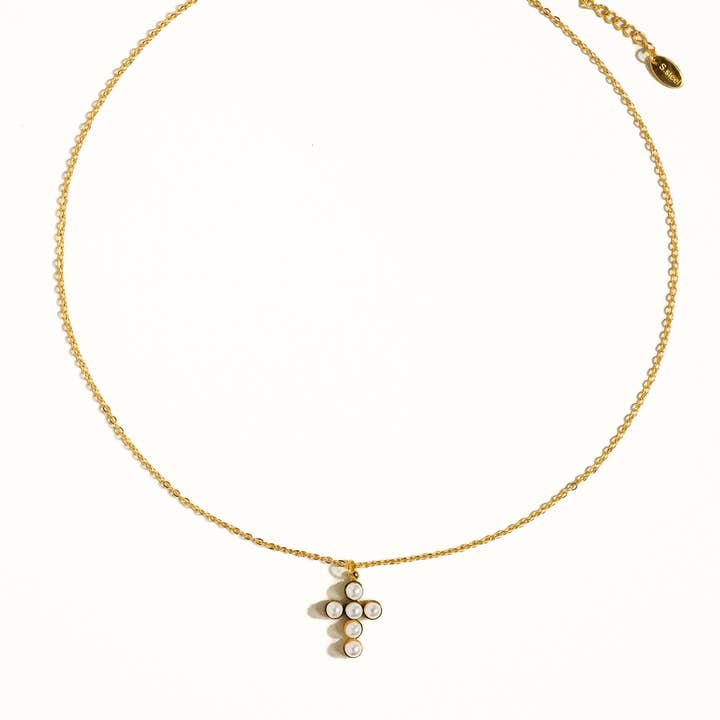 Yellow Gold Faith Non-Tarnish Dainty Pearl Cross Necklace for wholesale on Faire