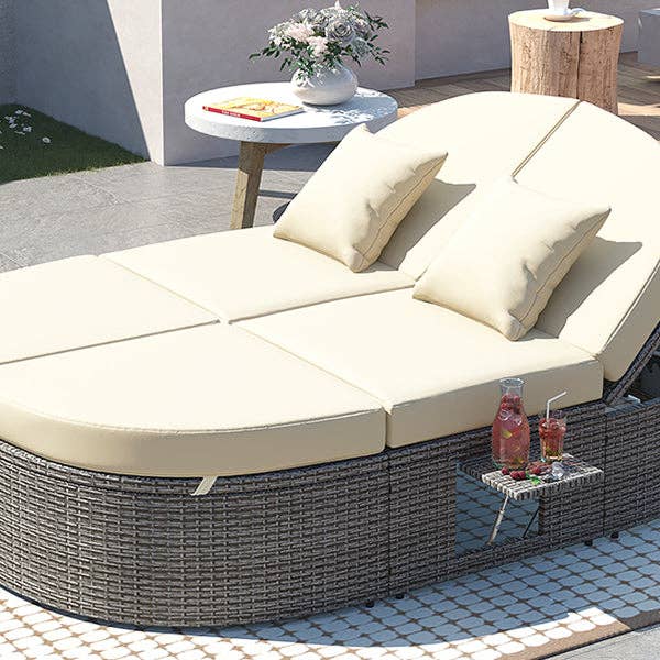 Orange County Decor - Wholesale Patio Couch - Outdoor Sun Bed Patio 2 Person Daybed With Cushions And Pillows, Rattan Garden Reclining Chaise Lounge With Adjustable Backrests And Foldable Cup Trays For Lawn, Poolside, Beige Yes Complete Patio