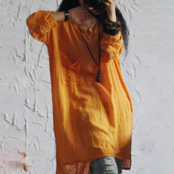 Vintage Solid Color High-Low Round-Neck Loose T-Shirt Tops for wholesale by Plush Looks