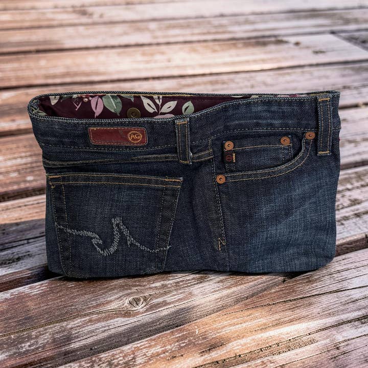 AG Upcycled Premium Vintage Denim Clutch – plum floral for wholesale by Indigo Bags