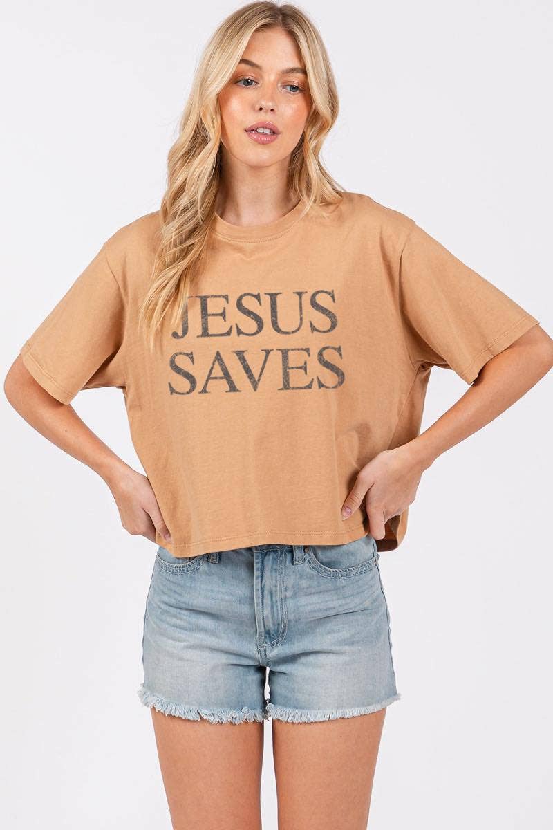 Zutter - Wholesale Screen Printed T-Shirt - Women's - Jesus Saves Graphic S/S Relaxed Faux Crop Tee10