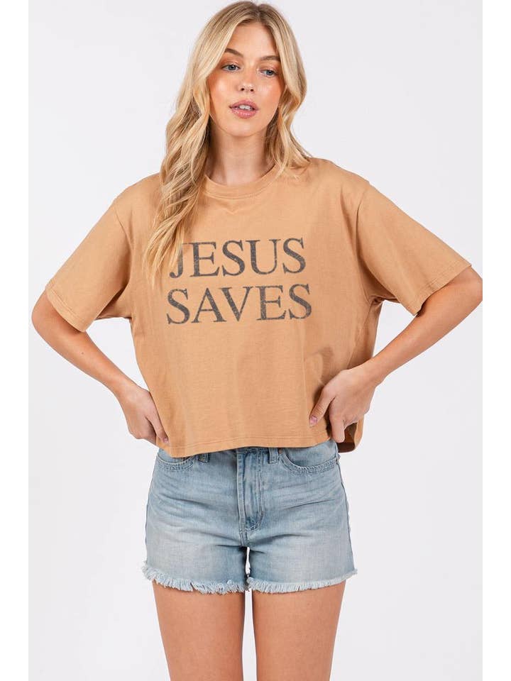 Zutter - Wholesale Screen Printed T-Shirt - Women's - Jesus Saves Graphic S/S Relaxed Faux Crop Tee10