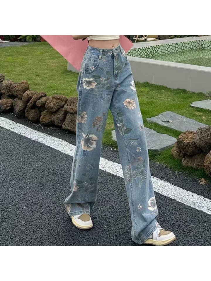 Blu Jeans a vita alta a gamba larga con stampa floreale retrò da donna in vendita all'ingrosso su Faire1