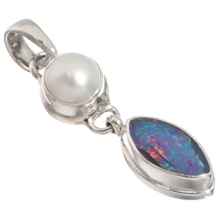 925 silver australian opal white freshwater pearl sterling pendant, 1 1/4" for wholesale by FifiRose
