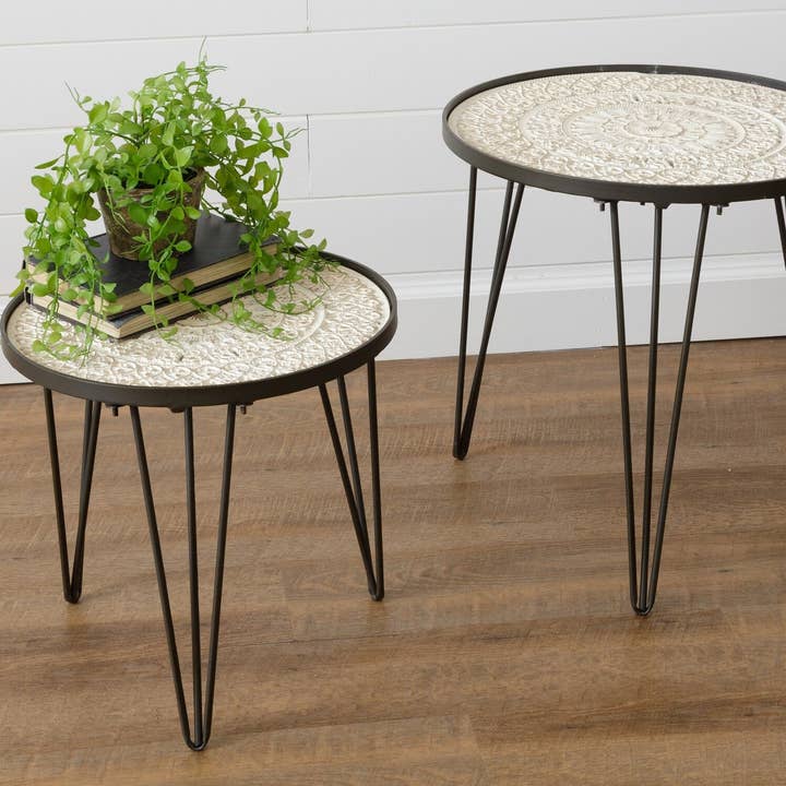 Carved Wood Tables (Set Of 02) for wholesale by Audrey's Home & Gift