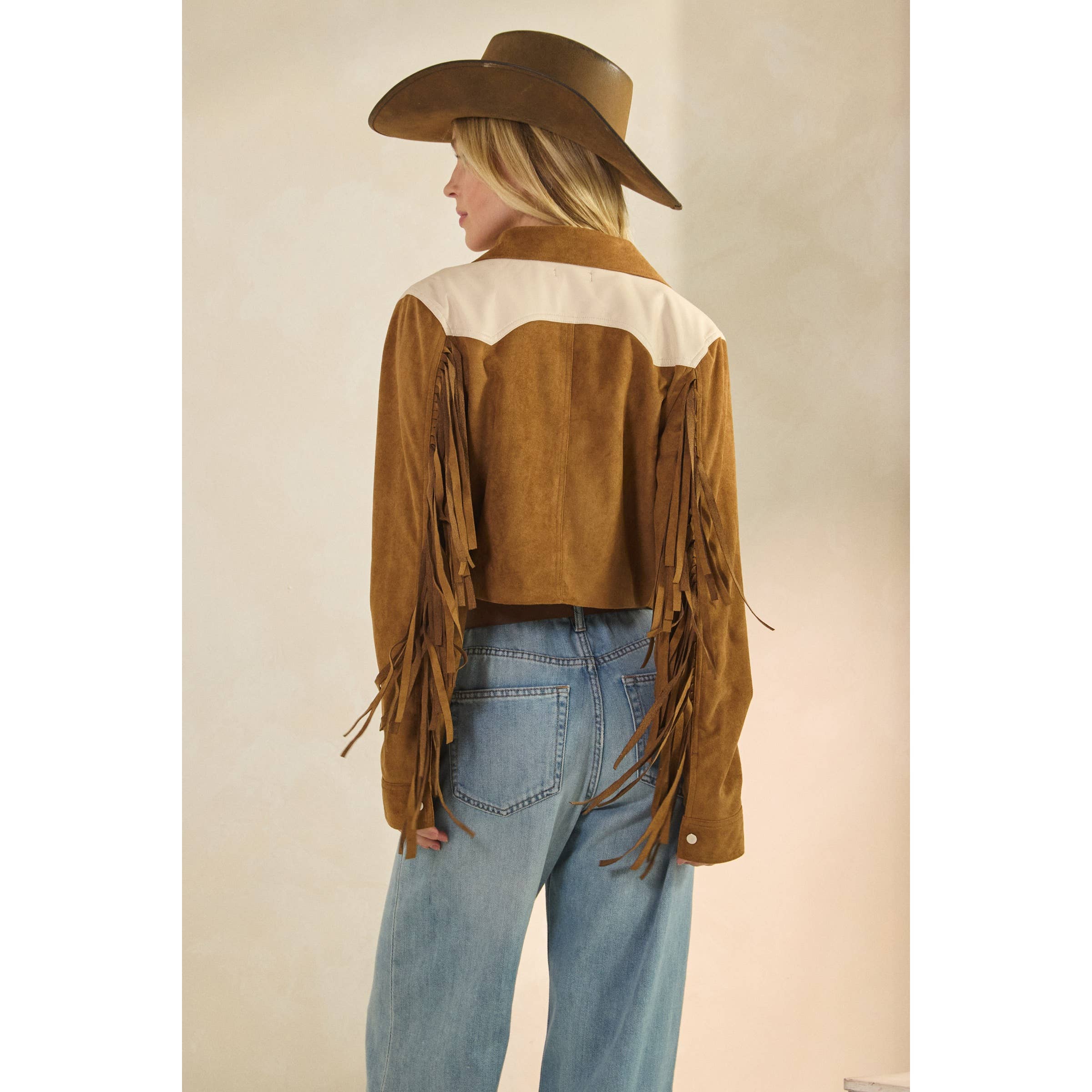 Camel Suede Jacket with Fringe Detail for wholesale on Faire21