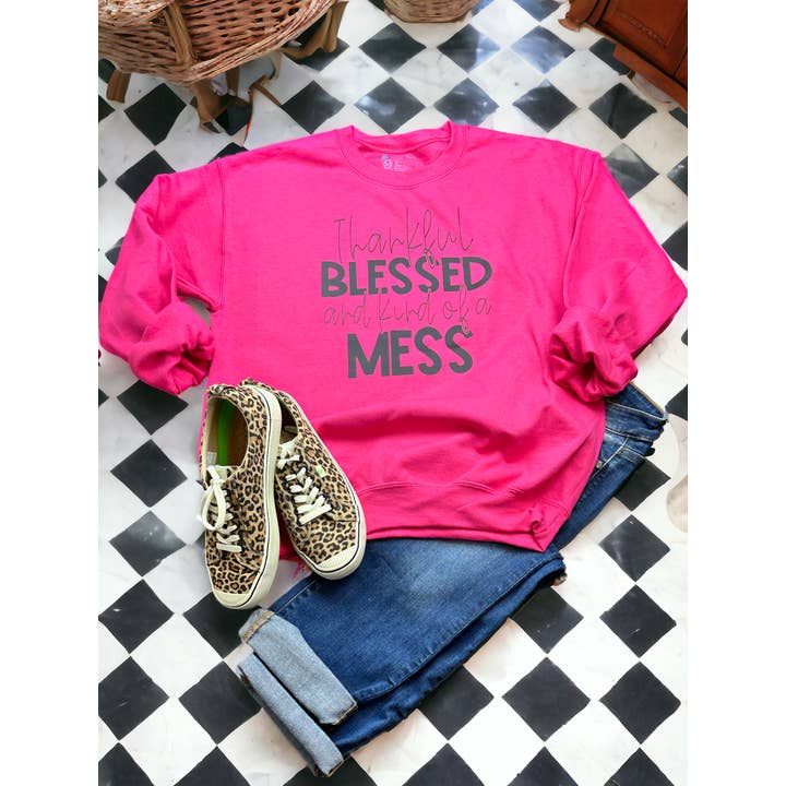 Thankful, Blessed and Somewhat a Mess Sweatshirt for wholesale by Maggie Mae's Trendy Tees