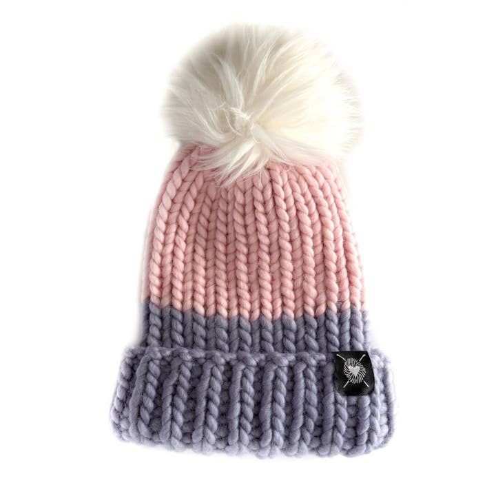 Merino Folded Brim Faux Fur Pom-Pom Beanie in Blushing Storm for wholesale by Nickichicki