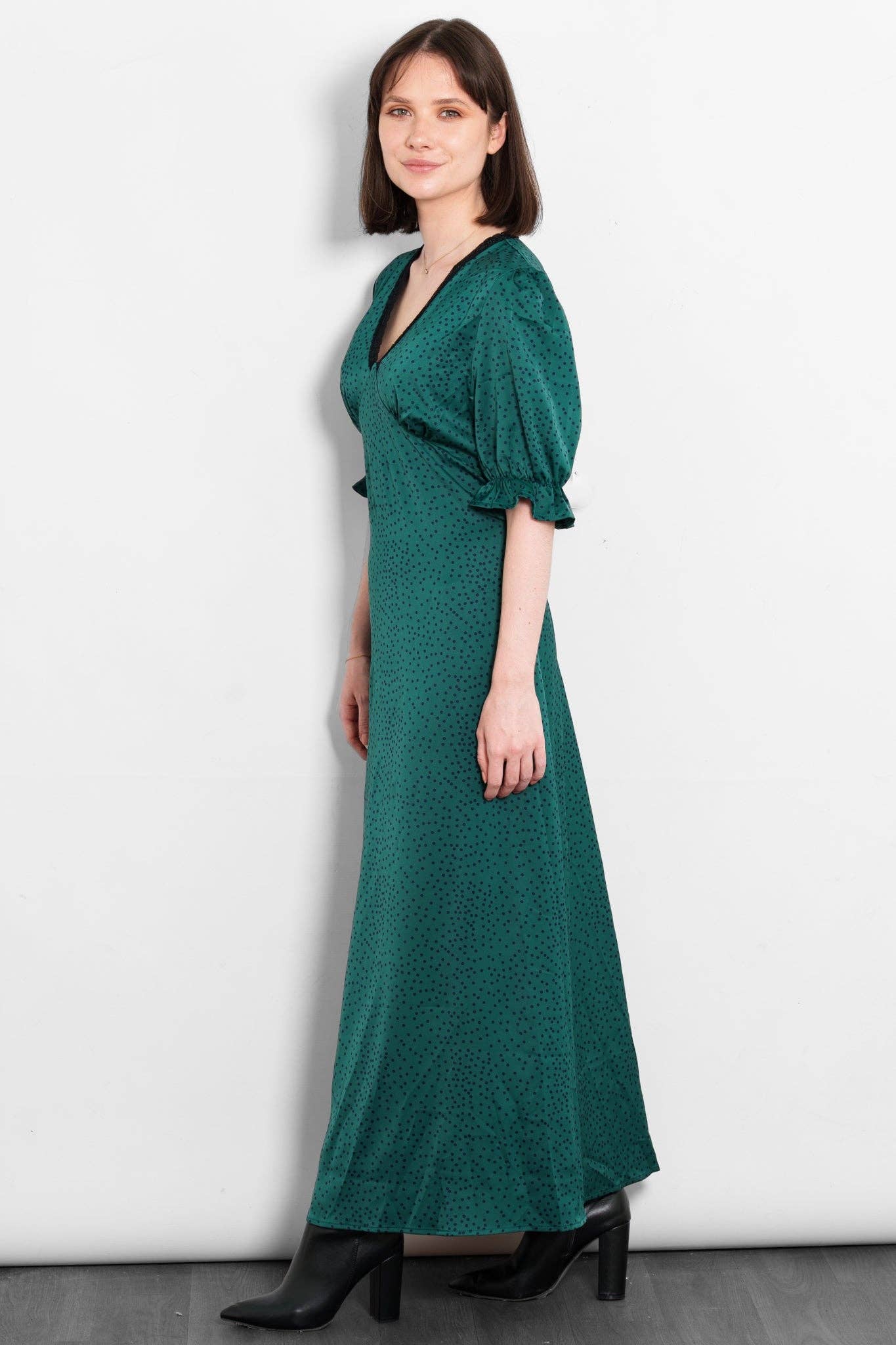 Sarta – wholesale Dress – Women's – Elise V-Neck Tea Dress- Green/Teal, Polka Dot1