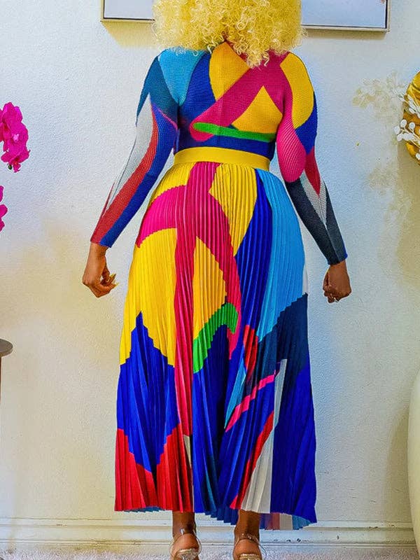 Sheer Trend - Venta al por mayor Conjuntos de top y falda - Mujer - Conjunto de dos piezas de blusa de manga larga con cuello simulado, estampado plisado de color contrastante y falda en talla grande.9