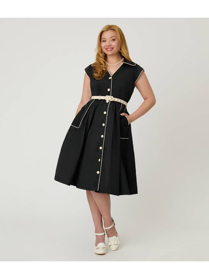 Unique Vintage - Wholesale Dress – Women's - Unique Vintage Black & White Cotton Shirt Swing Dress2