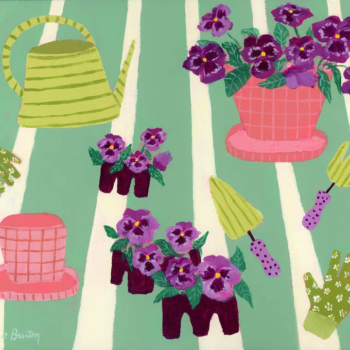 Allie Burton Art - Wholesale Art Print - “Potting Pansies” Horizontal Canvas Print1