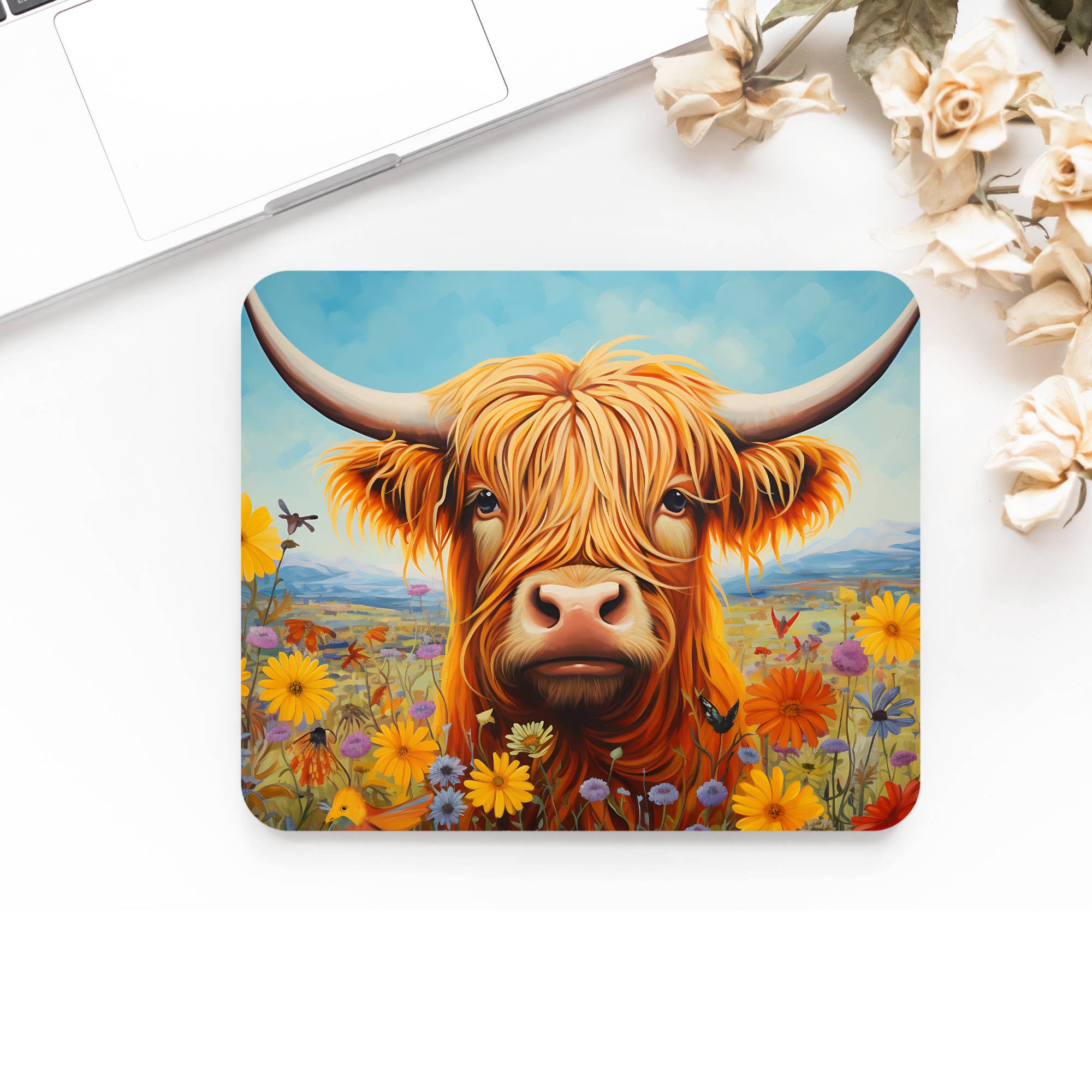 simply creative - Wholesale Mousepad/Trackpad - Premium Printed Anti-Slip Mouse Mat - Ultra Durable Highland Cow In Field Of Flowers Design