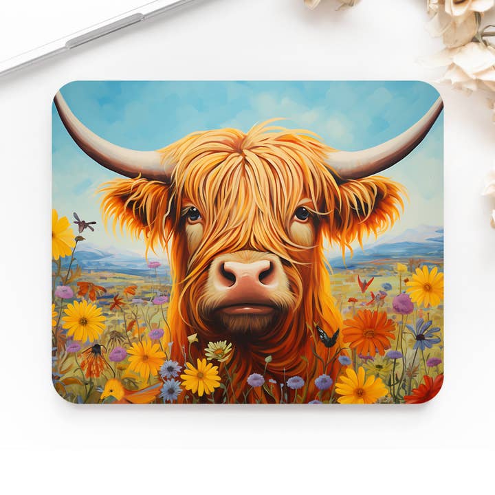 simply creative - Wholesale Mousepad/Trackpad - Premium Printed Anti-Slip Mouse Mat - Ultra Durable Highland Cow In Field Of Flowers Design0