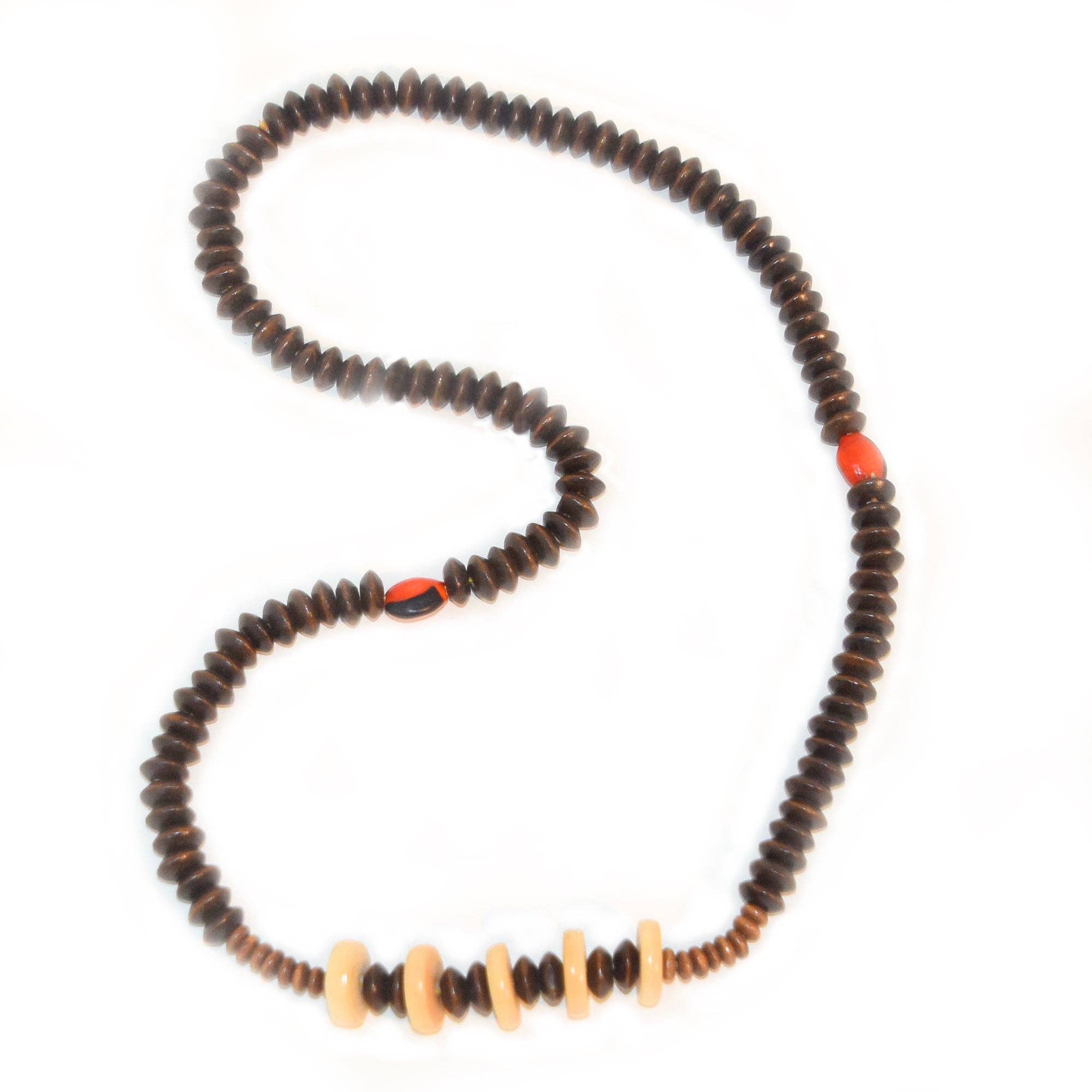 Amazon Ecology - Wholesale Beaded/Pearl Necklace - Carved tagua palm nut disks and wooden bead necklace0