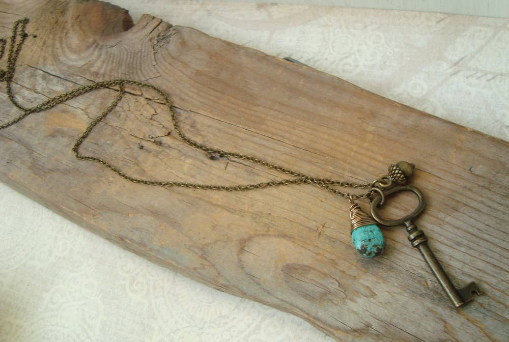 Fuchsia Bloom Studio - Wholesale Pendant/Charm Necklace - Brass Key Necklace With Turquoise and Acorn2