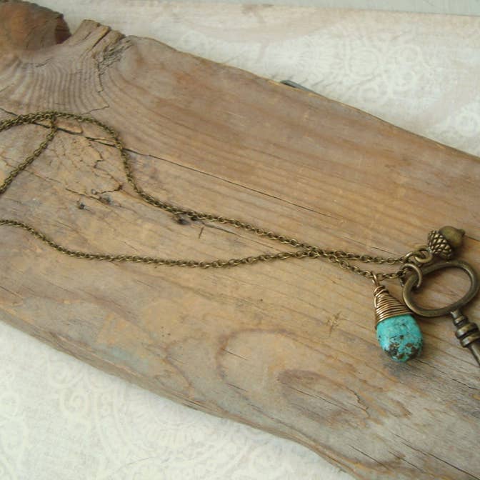 Fuchsia Bloom Studio - Wholesale Pendant/Charm Necklace - Brass Key Necklace With Turquoise and Acorn2