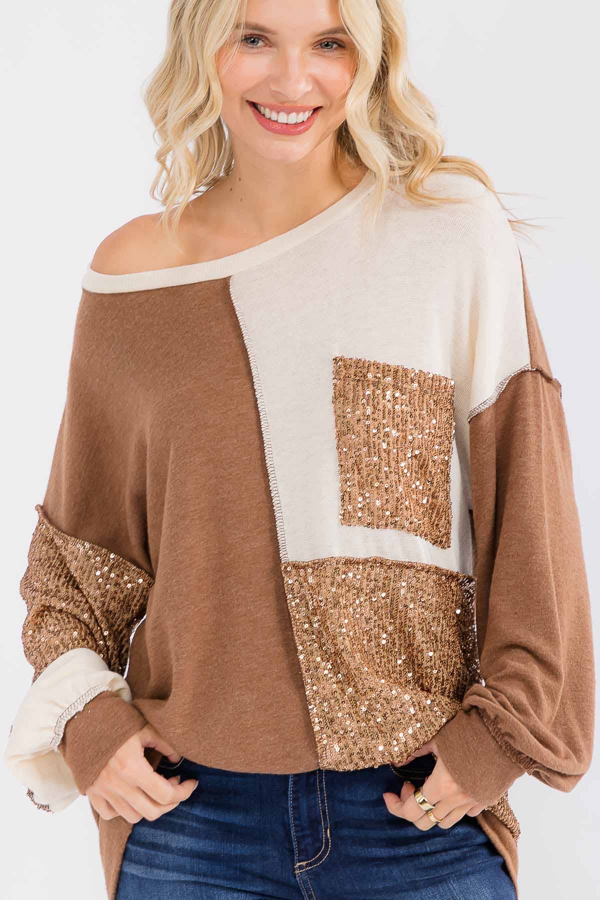 7th Ray – Sweatshirt - Mulher por atacado – Top de Manga Comprida com Bolso Patchwork de Lantejoulas T6060