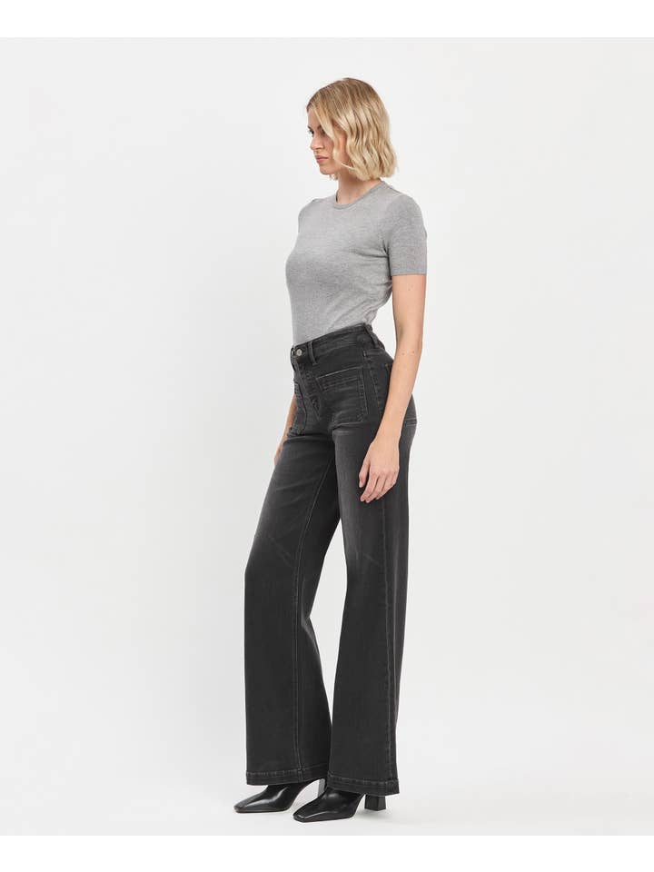 ENGROSS HIGH RISE PATCH POCKET BLACK WIDE TROUSER JEANS T6569 for wholesale on Faire7