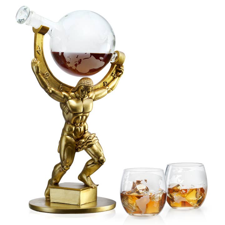 The Wine Savant / Khen Glassware – wholesale Dekanter – Atlas Bronze World Whisky Karaff Globe - 15" Tall