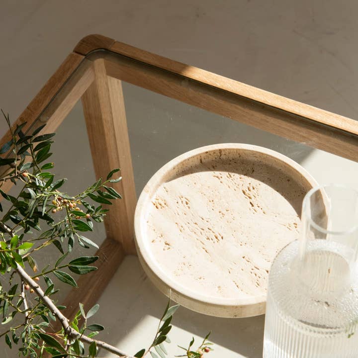 Round travertine marble tray for wholesale by Andrea House