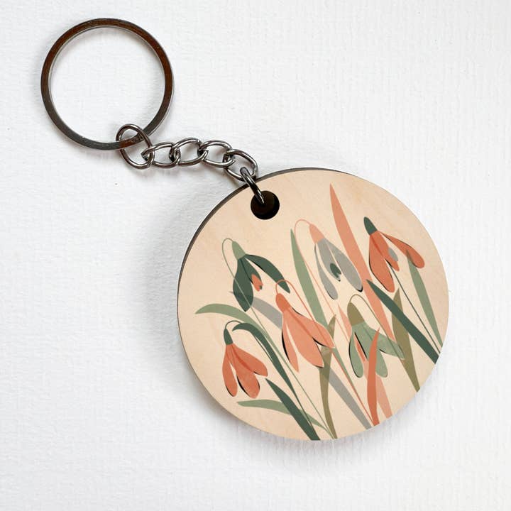 Snowdrops Wooden Keyring for wholesale by Rachel Mahon Print