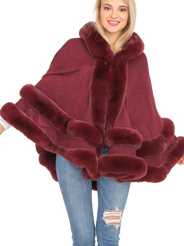 Cap Zone - Wholesale Cape - Women's - Faux Fur Lined Hooded Open Silhouette Shawl Cape