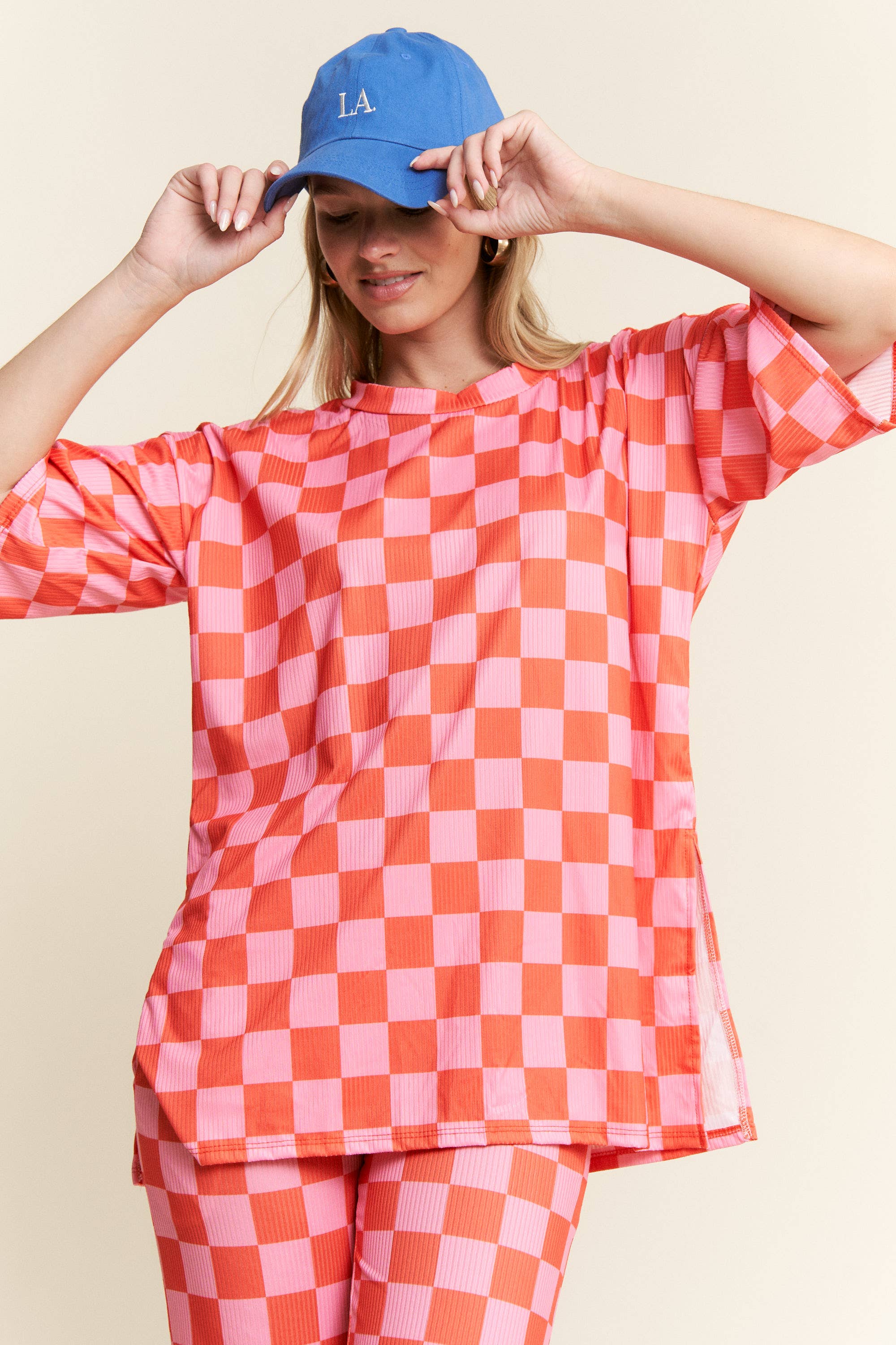 JADE BY JANE - Wholesale Lounge Set - Women's - RIBBED CHECKERED PRINT TOP/STRAIGHT LEG PANTS SET17