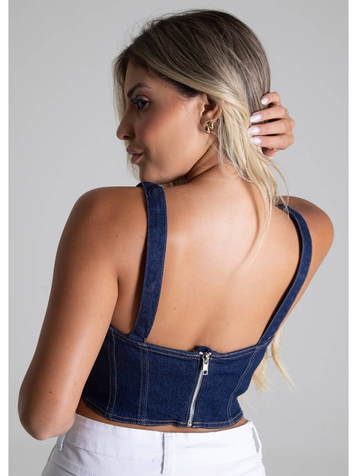 Sawary Jeans - Wholesale Blouse - Women's - Sawary Women's Jean Cropped Top - Denim Blue, Zip Closure