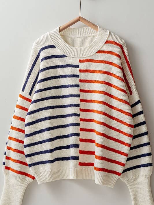 IVORY MULTI Striped Blocked Drop Shoulder Knit Sweater for wholesale on Faire