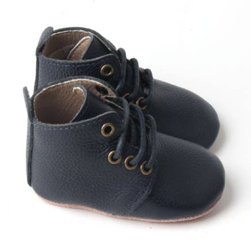 Navy blue leather ankle boots soft soles for wholesale by Babyboo Paris