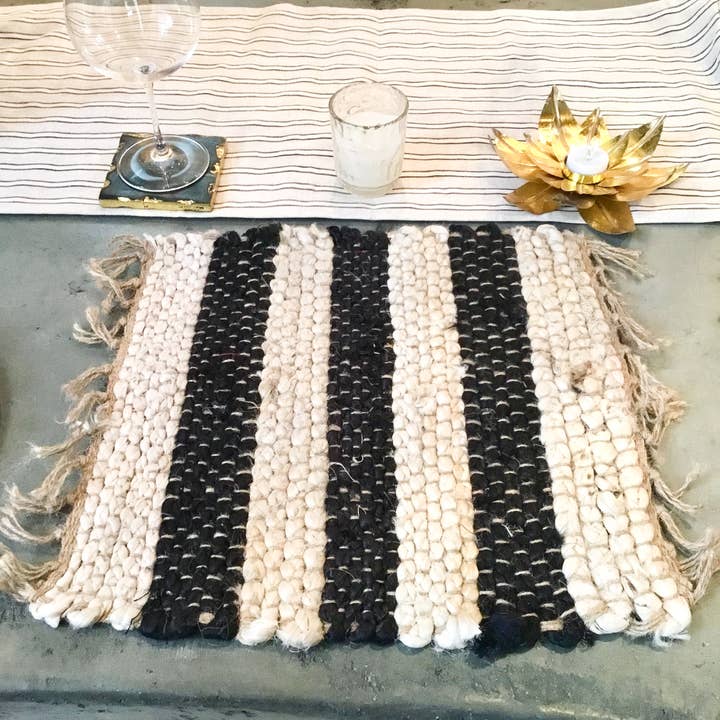 India Handicrafts Inc - Wholesale Placemat - Striped Jute Placemat with Fringe