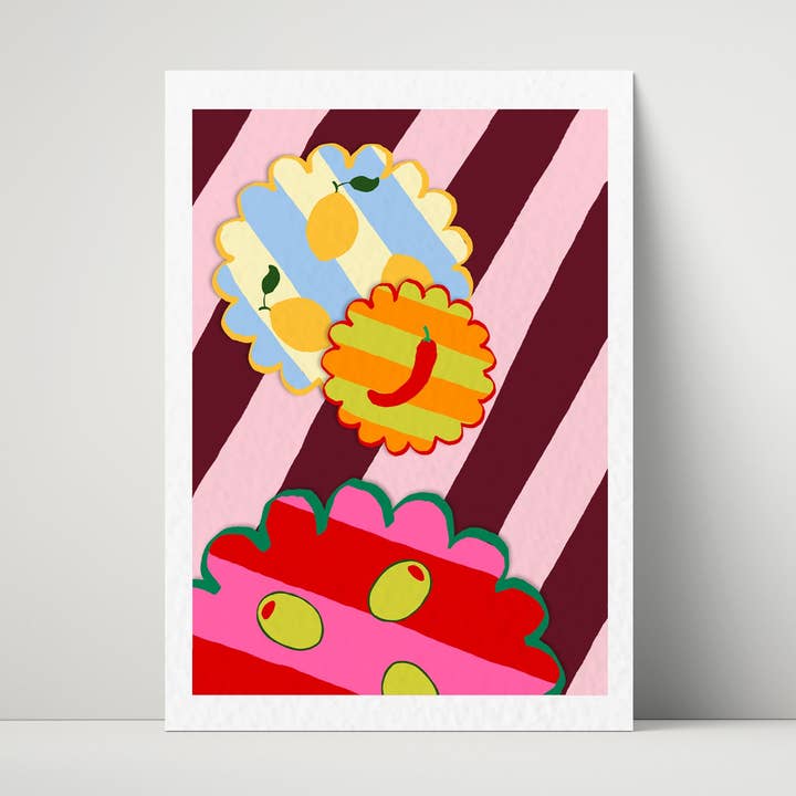 Dinner Plates of Olives, Lemons and Chilli Art Print for wholesale by Maddison Ball Creative
