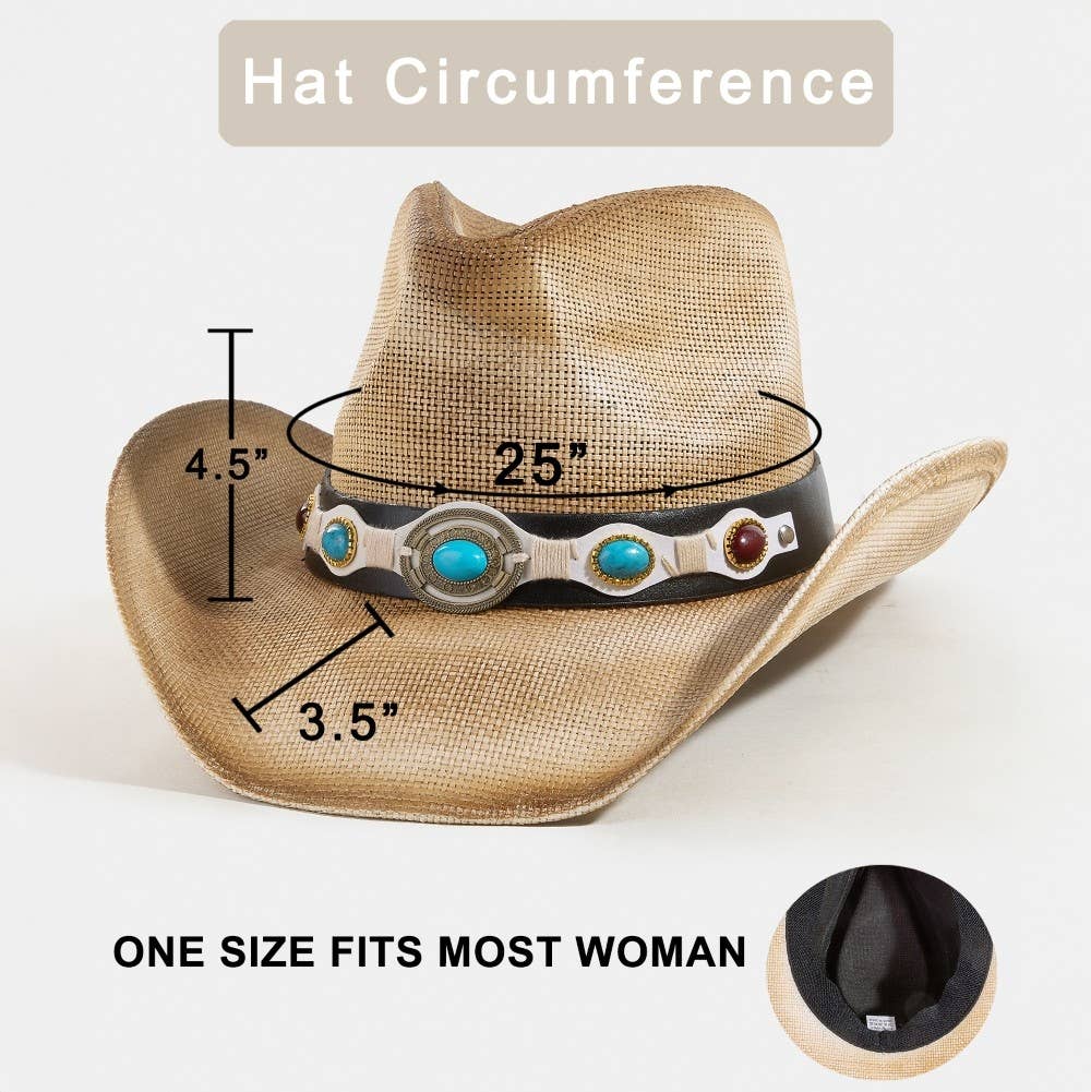 Collections by Fame Accessories – Engroshandel Cowboyhat - Dame – Vestlig turkis stenrem stråcowboyhat6