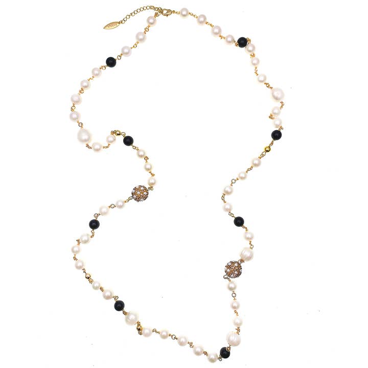 Freshwater Pearls With Obsidian Two Ways Chain Necklace for wholesale by FARRA