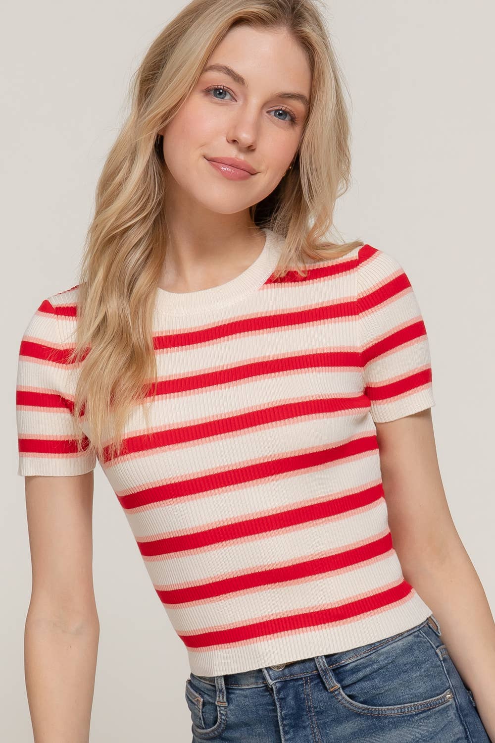 Active Basic | Active USA - Wholesale Knit Top - Women's - Short Sleeve Crew Neck Multi Stripe Spring Sweater12